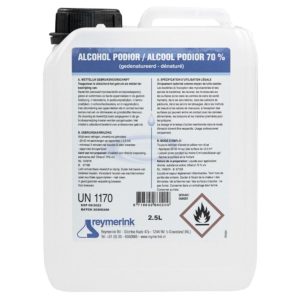 Alcohol Podior 70% 2,5L Een desinfectievloeistof op basis van gedenatureerde ethanol. voor het ontsmetten van de huid, instrumentaria en oppervlakken.