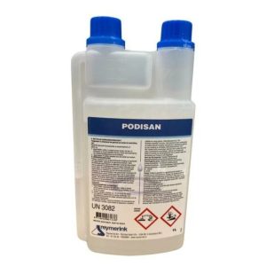 Reymerink Podisan 1L doseer fles is een reinigingsvloeistof voor het desinfecteren van materialen, oppervlakken en apparatuur.