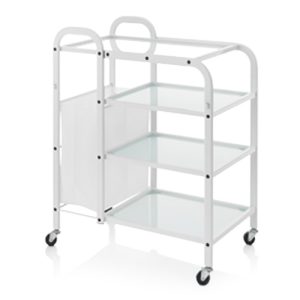 Beauty Trolley op Wielen met 4 glazen planken, wit Praktische cosmetische trolley met vier gehard glazen planken. Deze trolley is ideaal voor onder anderen ontharings specialisten. zet uw schoonheidsapparatuur, cosmetica of alle andere apparatuur van uw salon op deze trolley voor optimaal gemak. Handig wanneer mobiliteit nodig is Kenmerken: - 4 planken - wit gelakt frame - gehard glas - 4 wielen Kleur: wit Afmetingen product: 72 x 43 Hoogte 91 cm Beauty Trolley op Wielen met 4 glazen planken, wit