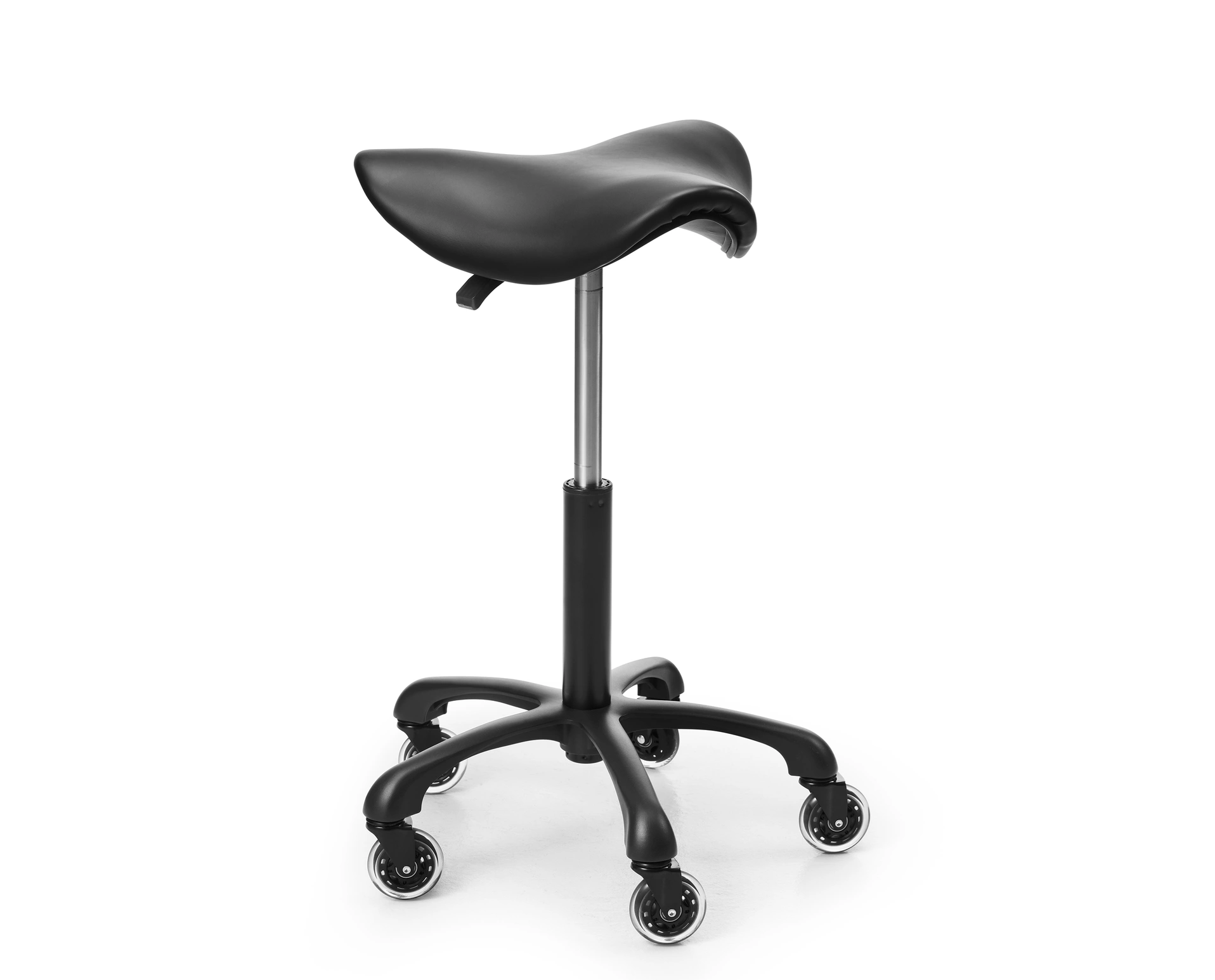 Zadelkruk 360 - Matzwart Een praktische kappersstoel. Je kunt in elke gewenste richting zitten.